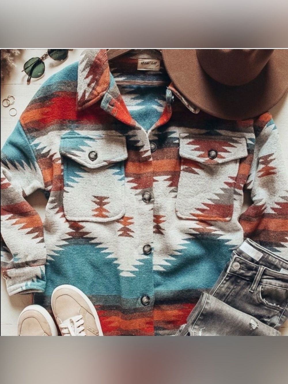 Aztec Print Button-Up Jacket in Teal & Rust - Sz M